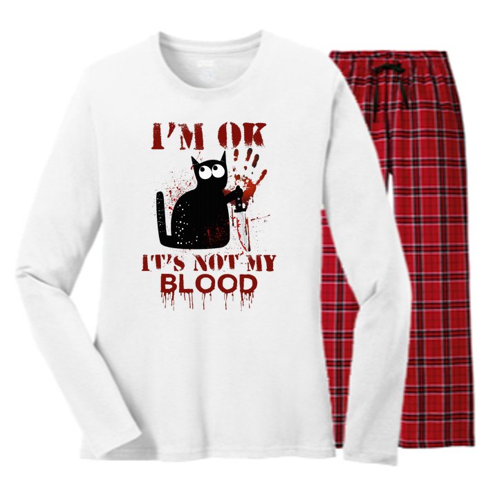 IM Ok ItS Not My Blood Black Cat Knife Women's Long Sleeve Flannel Pajama Set 