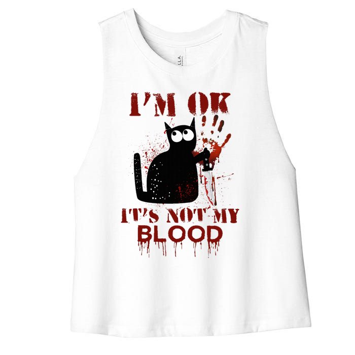 IM Ok ItS Not My Blood Black Cat Knife Women's Racerback Cropped Tank