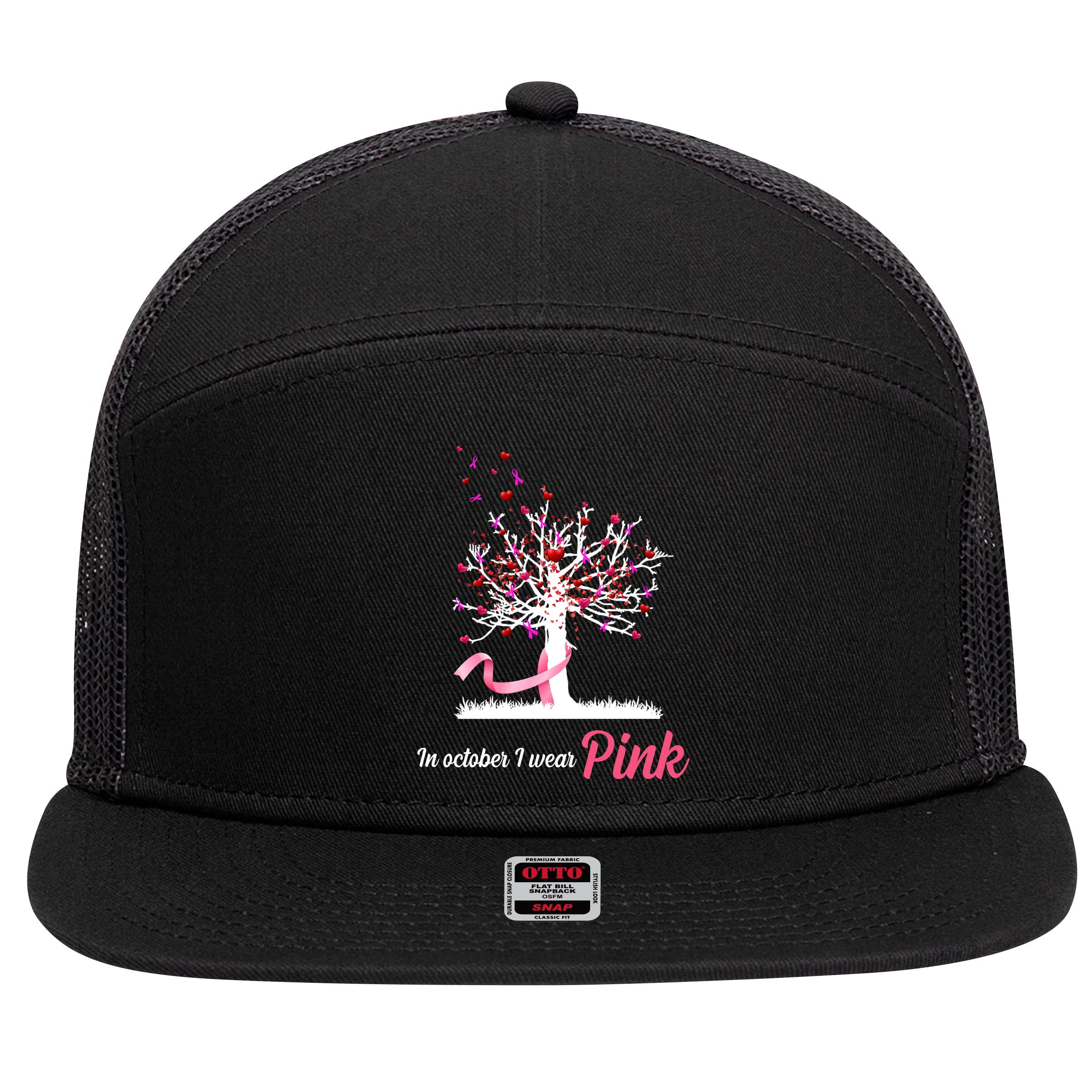 In October I Wear Pink Breast Cancer Tree Of Life 7 Panel Mesh Trucker Snapback Hat