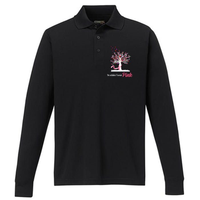 In October I Wear Pink Breast Cancer Tree Of Life Performance Long Sleeve Polo