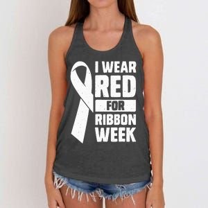 In October I Wear Red Ribbon Week Awareness Women's Knotted Racerback Tank