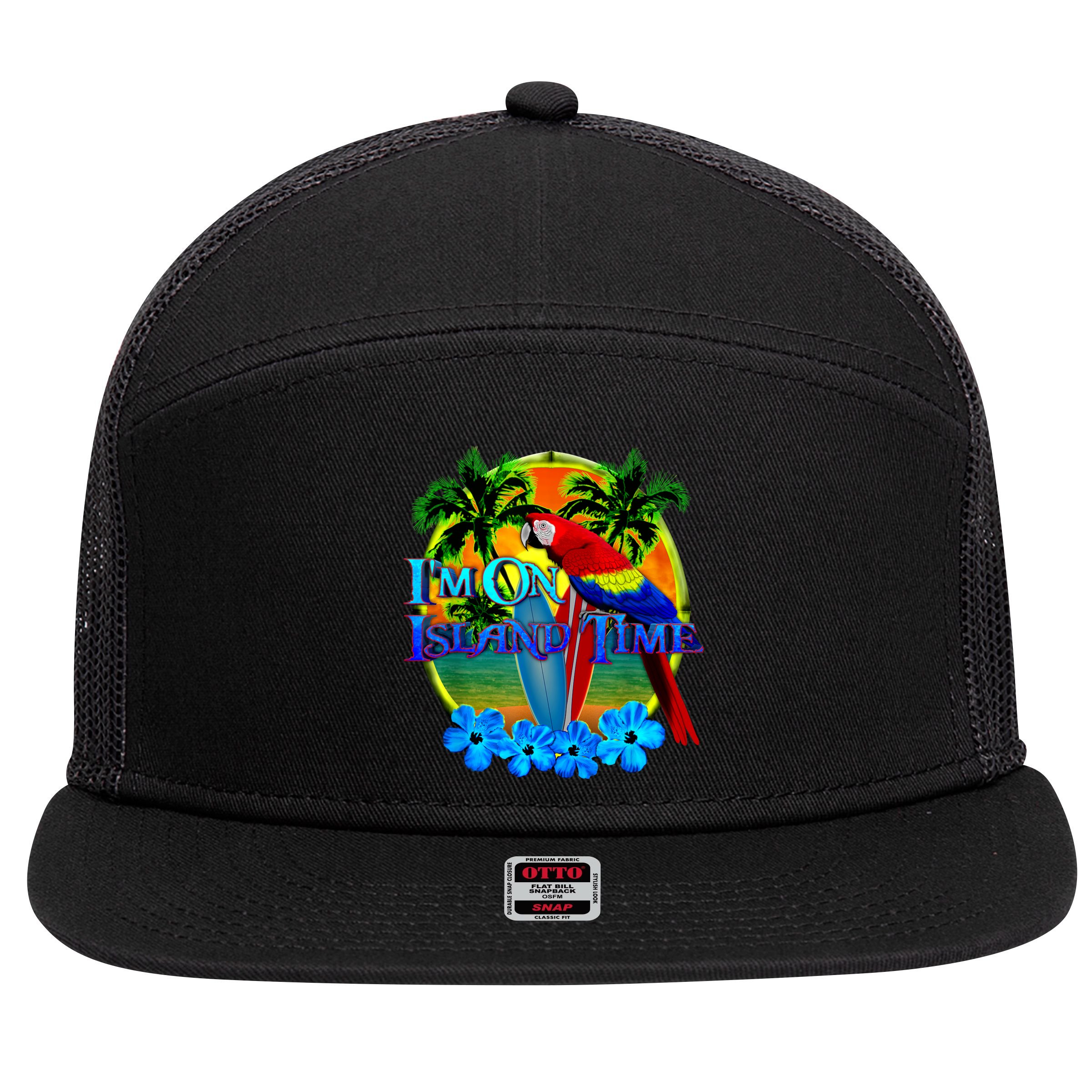 Im On Island Time Tropical Beach 7 Panel Mesh Trucker Snapback Hat