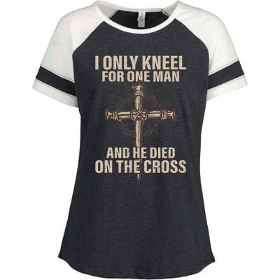 I only kneel for one man an he died on the cross Jesus Enza Ladies Jersey Colorblock Tee