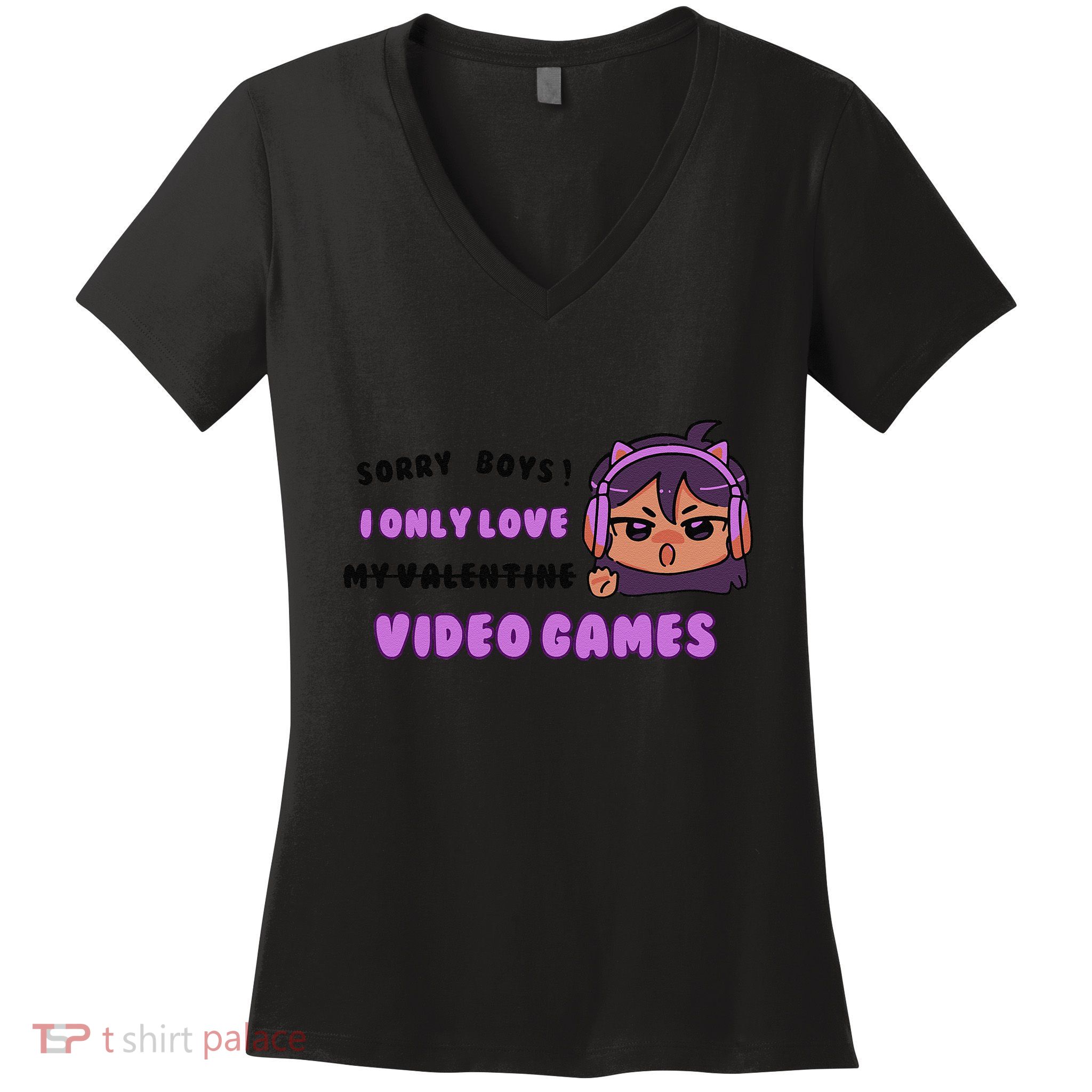 I Only Love Video Games Headphones Cat Ears Women's V-Neck T-Shirt