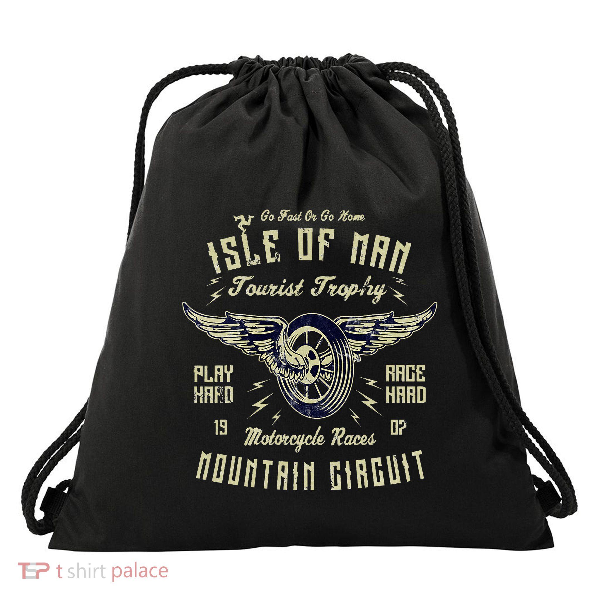 Isle Of Man Tt Races Vintage Winged Wheel Motorcycle Races Drawstring Bag