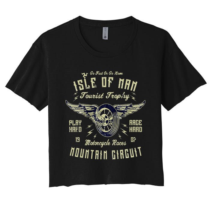 Isle Of Man Tt Races Vintage Winged Wheel Motorcycle Races Women's Crop Top Tee