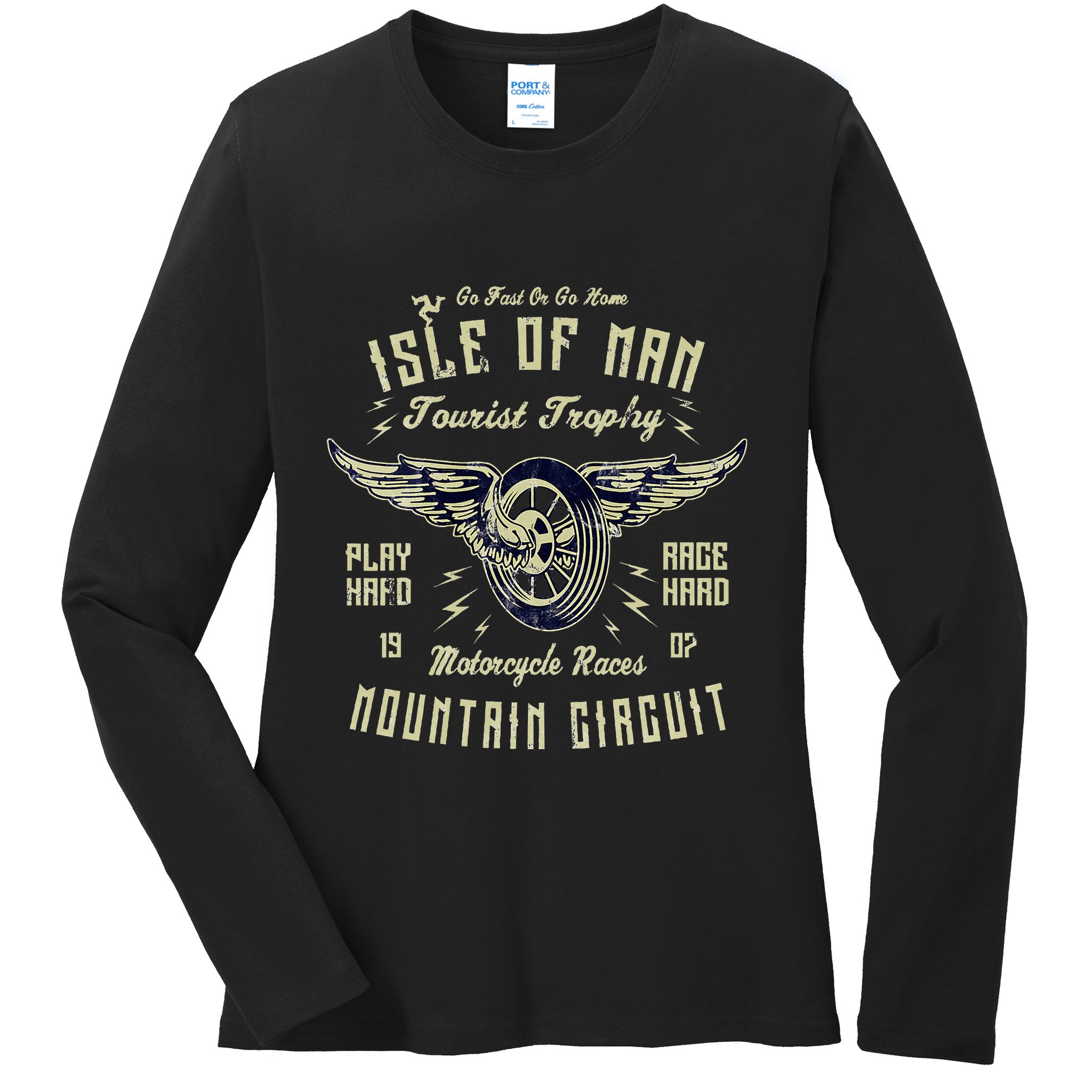 Isle Of Man Tt Races Vintage Winged Wheel Motorcycle Races Ladies Long Sleeve Shirt