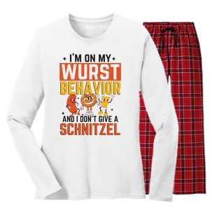 IM On My Wurst Behavior I DonT Give A Schnitzel Funny Oktoberfest Women's Long Sleeve Flannel Pajama Set 