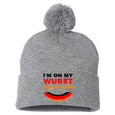 Im On My Wurst Behavior Funny German Oktoberfest Pom Pom 12in Knit Beanie