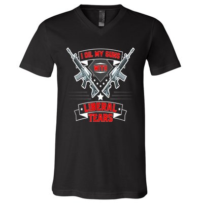 I Oil My Guns With Liberal Tears Gun American Flag Patriots V-Neck T-Shirt