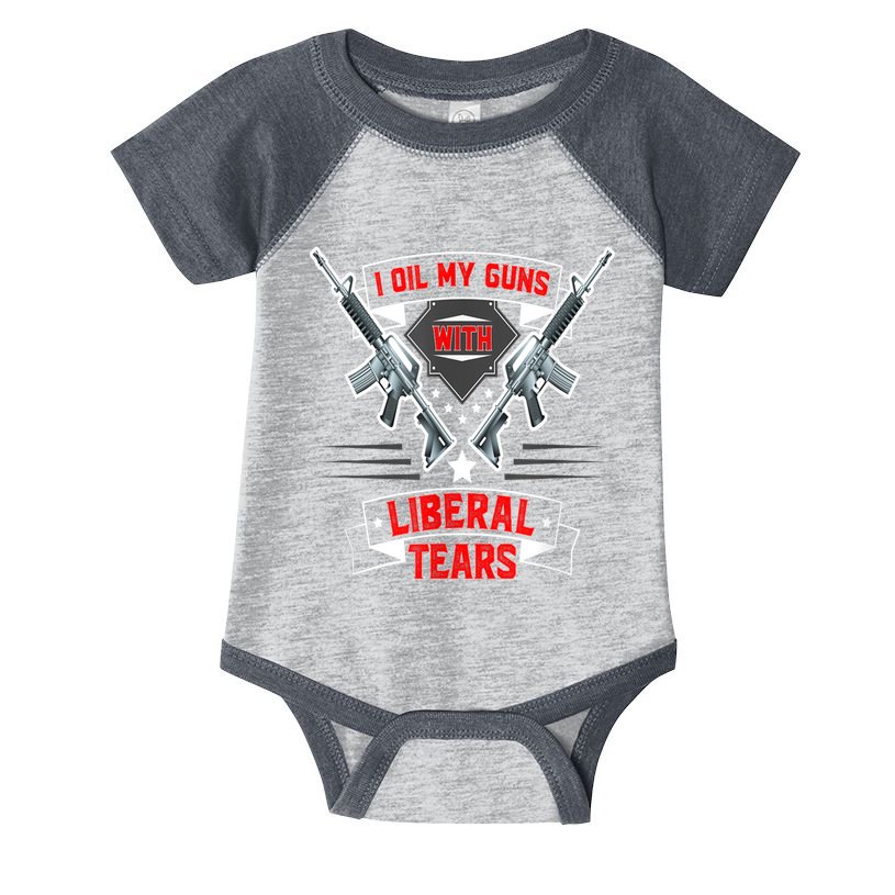 I Oil My Guns With Liberal Tears Gun American Flag Patriots Infant Baby Jersey Bodysuit