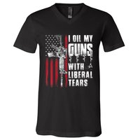 I Oil My Guns With Liberal Tears Gun American Flag Patriots V-Neck T-Shirt