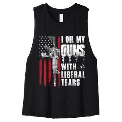 I Oil My Guns With Liberal Tears Gun American Flag Patriots Women's Racerback Cropped Tank