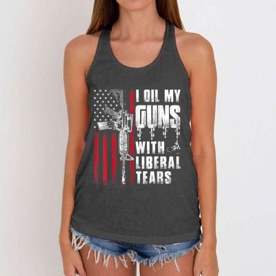 I Oil My Guns With Liberal Tears Gun American Flag Patriots Women's Knotted Racerback Tank