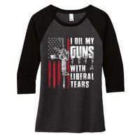 I Oil My Guns With Liberal Tears Gun American Flag Patriots Women's Tri-Blend 3/4-Sleeve Raglan Shirt