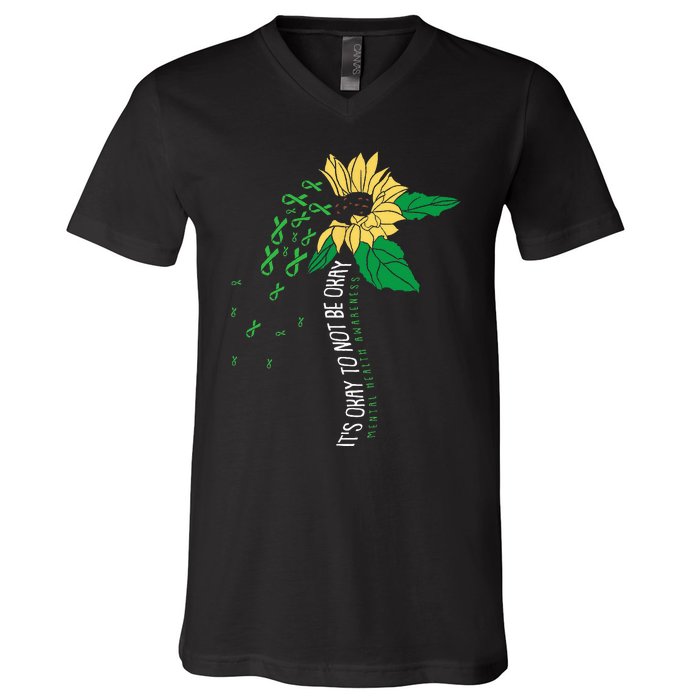 Its Ok Not To Be Ok Mental Health Awareness Sunflower Ribbon V-Neck T-Shirt