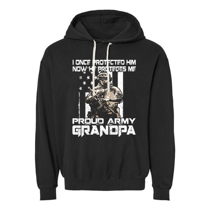 I Once Protected Him Now He Protects Me Proud Army Grandpa Garment-Dyed Fleece Hoodie