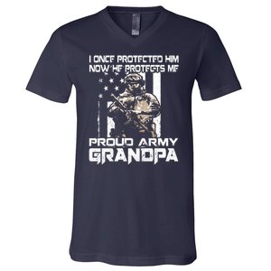 I Once Protected Him Now He Protects Me Proud Army Grandpa V-Neck T-Shirt