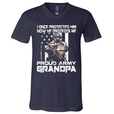 I Once Protected Him Now He Protects Me Proud Army Grandpa V-Neck T-Shirt