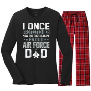 I ONCE PROTECTED Her NOW SHE PROTECTS ME PROUD AIR FORCE DAD Women's Long Sleeve Flannel Pajama Set 