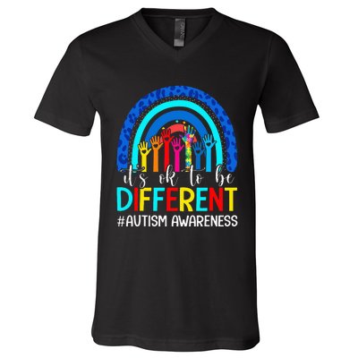 It's Ok To Be Different Autism Awareness Leopard Rainbow V-Neck T-Shirt