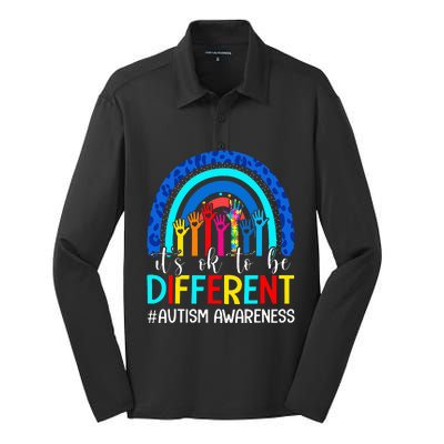 It's Ok To Be Different Autism Awareness Leopard Rainbow Silk Touch Performance Long Sleeve Polo