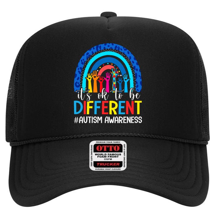 ItS Ok To Be Different Autism Awareness Leopard Rainbow High Crown Mesh Back Trucker Hat