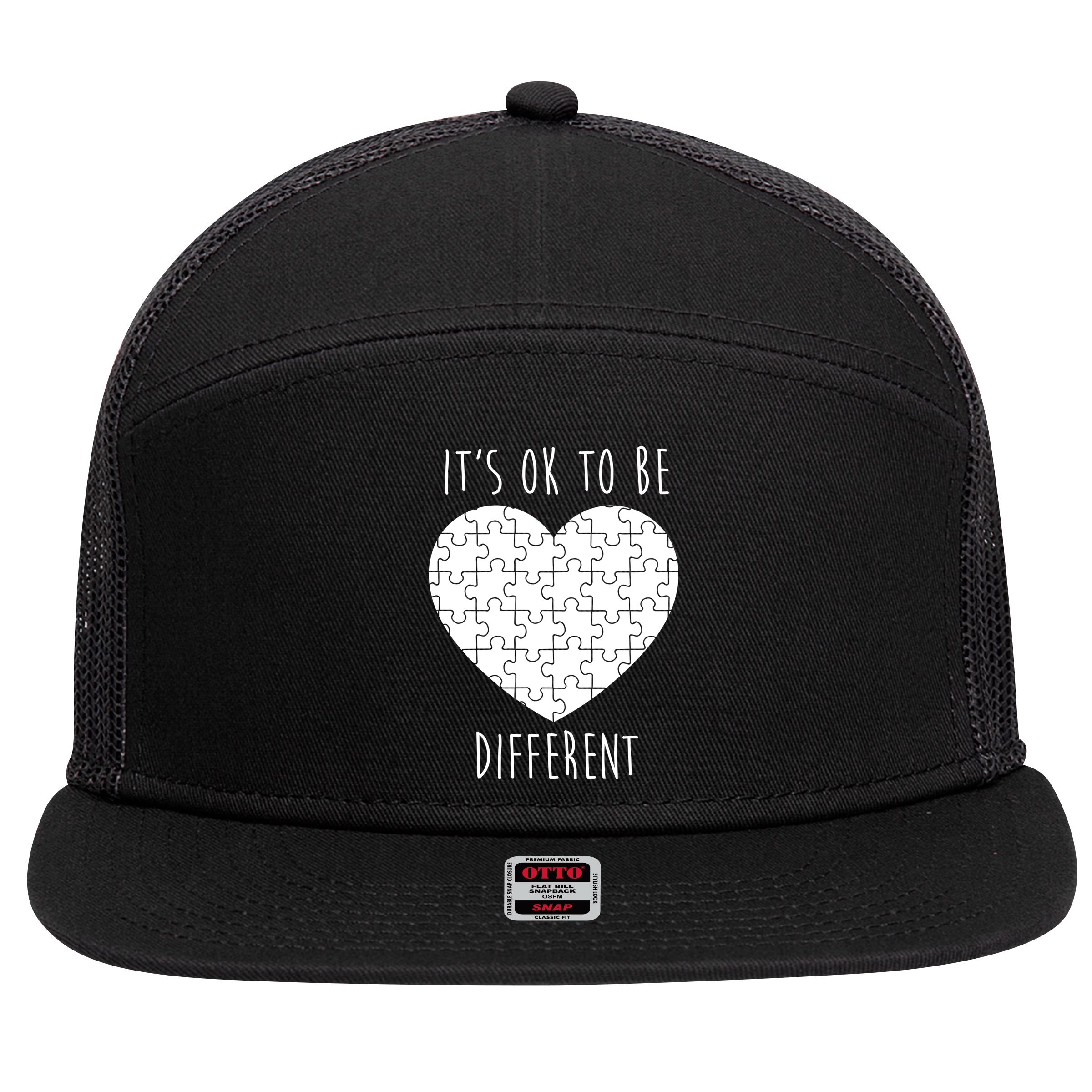 It's Ok To Be Different Autism Awareness Puzzle Heart 7 Panel Mesh Trucker Snapback Hat