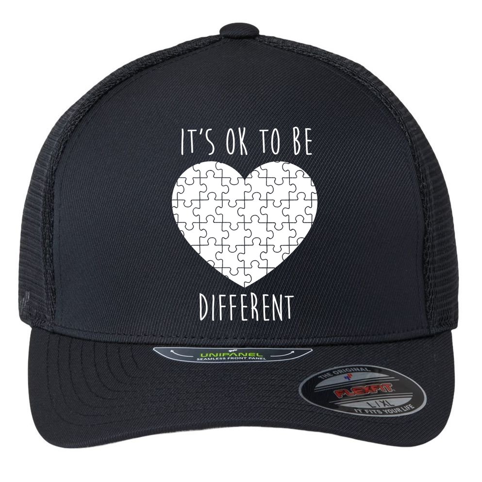 It's Ok To Be Different Autism Awareness Puzzle Heart Flexfit Unipanel Trucker Cap