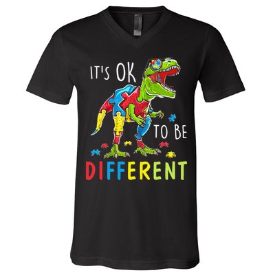 Its Ok to Be Different Autism Dinosaur V-Neck T-Shirt