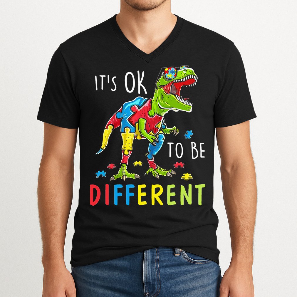 Its Ok to Be Different Autism Dinosaur V-Neck T-Shirt