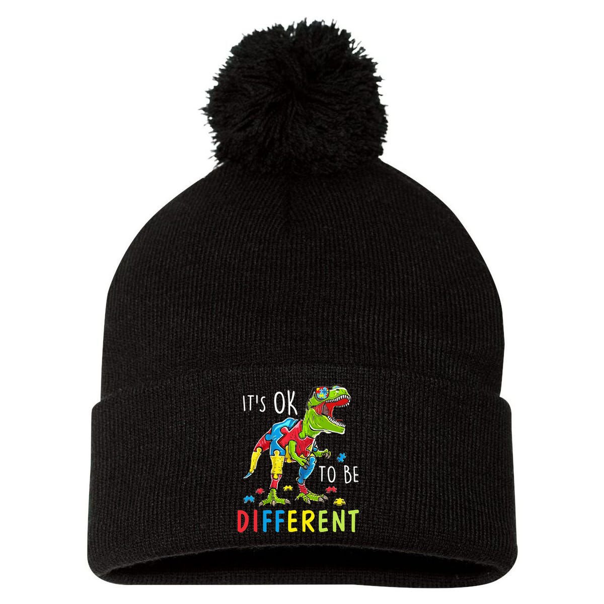 Its Ok to Be Different Autism Dinosaur Pom Pom 12in Knit Beanie