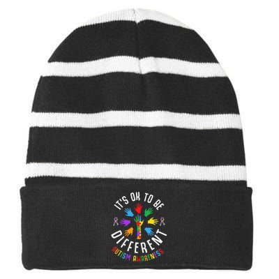 It's Okay To Be Different Autism Awareness Striped Beanie with Solid Band