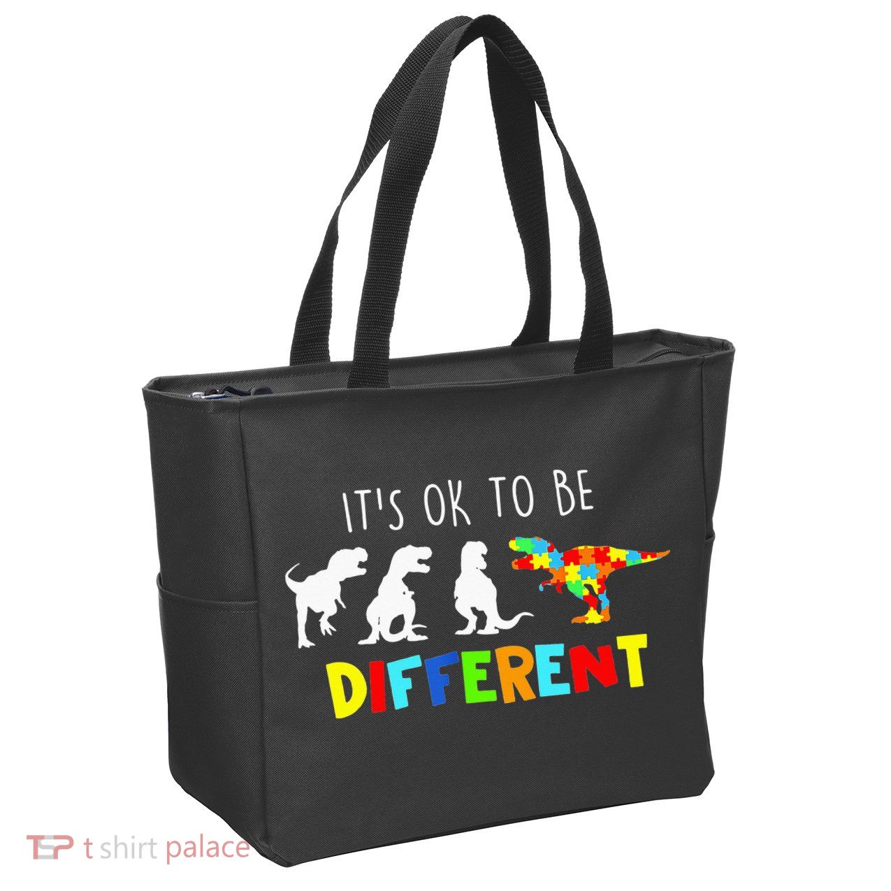 It's Ok To Be Different Autism Awareness Dinosaur Zip Tote Bag