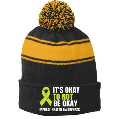 It's Okay To Not Be Okay Mental Health Ribbon Stripe Pom Pom Beanie