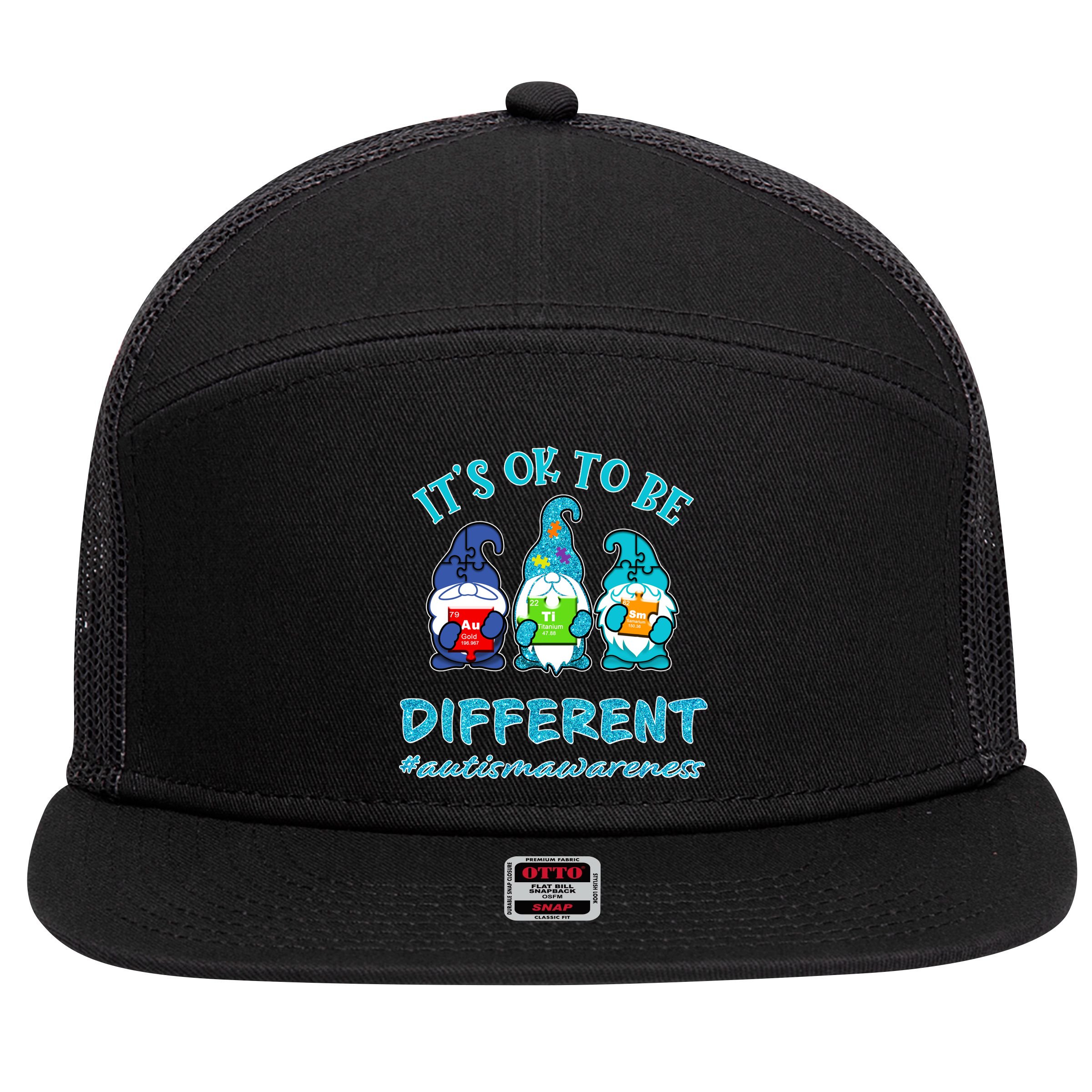 It's Ok To Be Different Autism Awareness Gnomes 7 Panel Mesh Trucker Snapback Hat