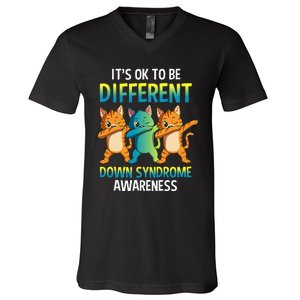 It's Ok To Be Different Dabbing Cat Down Syndrome Awareness V-Neck T-Shirt