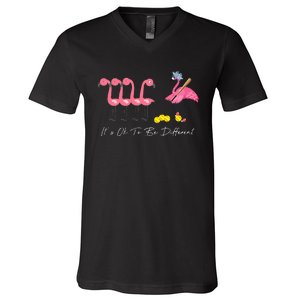 It's Ok To Be Different Funny Flamingo Softball Lover V-Neck T-Shirt