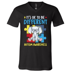 It's Ok To Be Different Cute Autism Awareness Elephant V-Neck T-Shirt