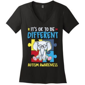 It's Ok To Be Different Cute Autism Awareness Elephant Women's V-Neck T-Shirt