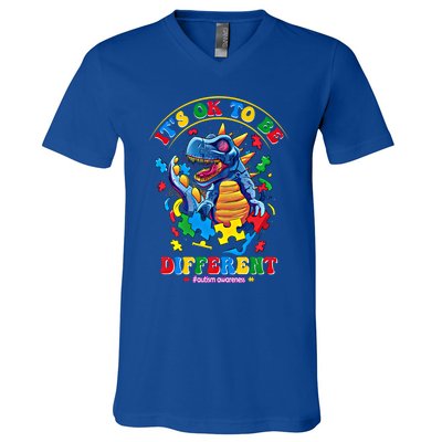 ItS Ok To Be Different Autism Awareness Dinosaur Gift V-Neck T-Shirt