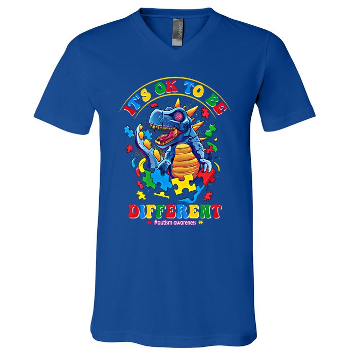 ItS Ok To Be Different Autism Awareness Dinosaur Gift V-Neck T-Shirt