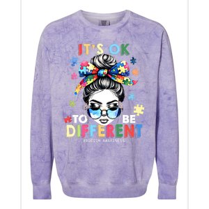 ItS Ok To Be Different Autism Awareness Messy Bun Gift Colorblast Crewneck Sweatshirt