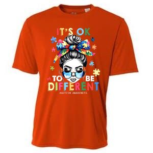 ItS Ok To Be Different Autism Awareness Messy Bun Gift Cooling Performance Crew T-Shirt