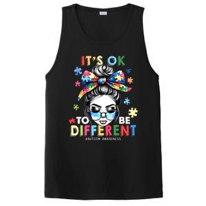 ItS Ok To Be Different Autism Awareness Messy Bun Gift PosiCharge Competitor Tank