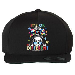 ItS Ok To Be Different Autism Awareness Messy Bun Gift Wool Snapback Cap