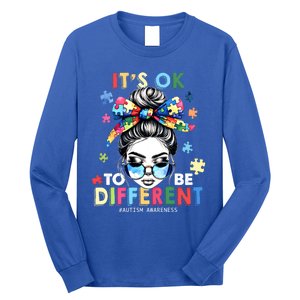 ItS Ok To Be Different Autism Awareness Messy Bun Gift Long Sleeve Shirt