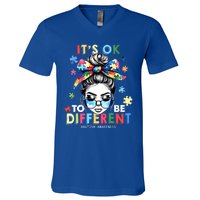 ItS Ok To Be Different Autism Awareness Messy Bun Gift V-Neck T-Shirt