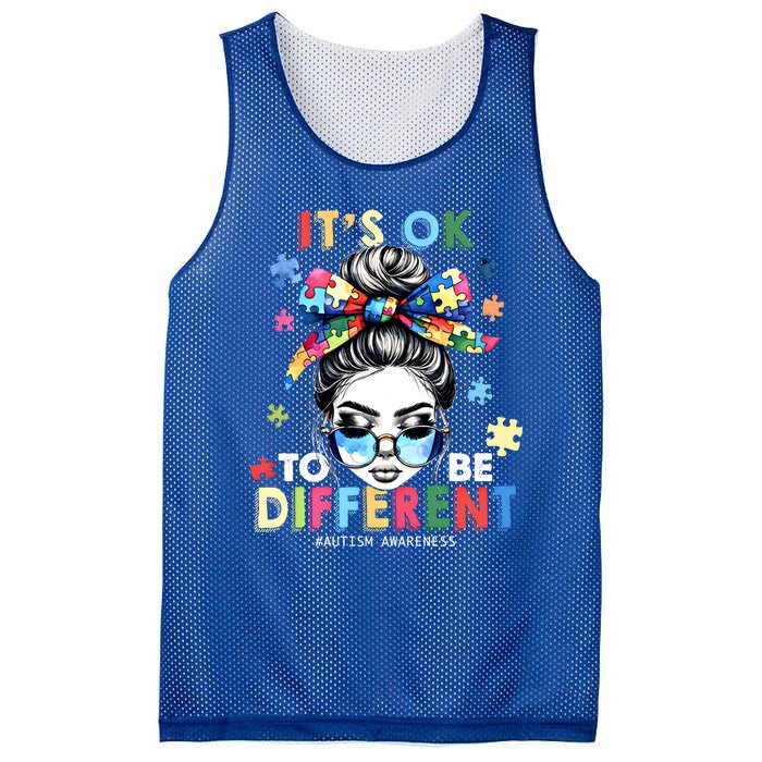 ItS Ok To Be Different Autism Awareness Messy Bun Gift Mesh Reversible Basketball Jersey Tank