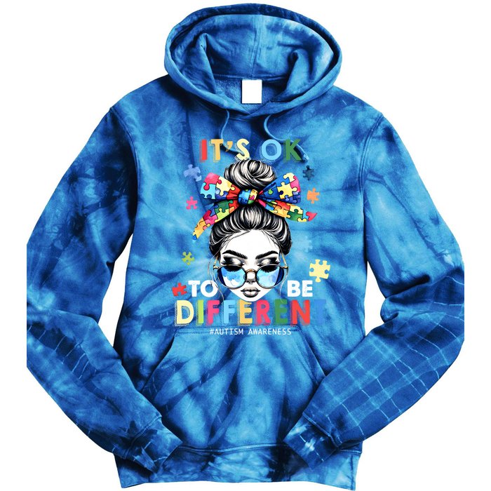 ItS Ok To Be Different Autism Awareness Messy Bun Gift Tie Dye Hoodie